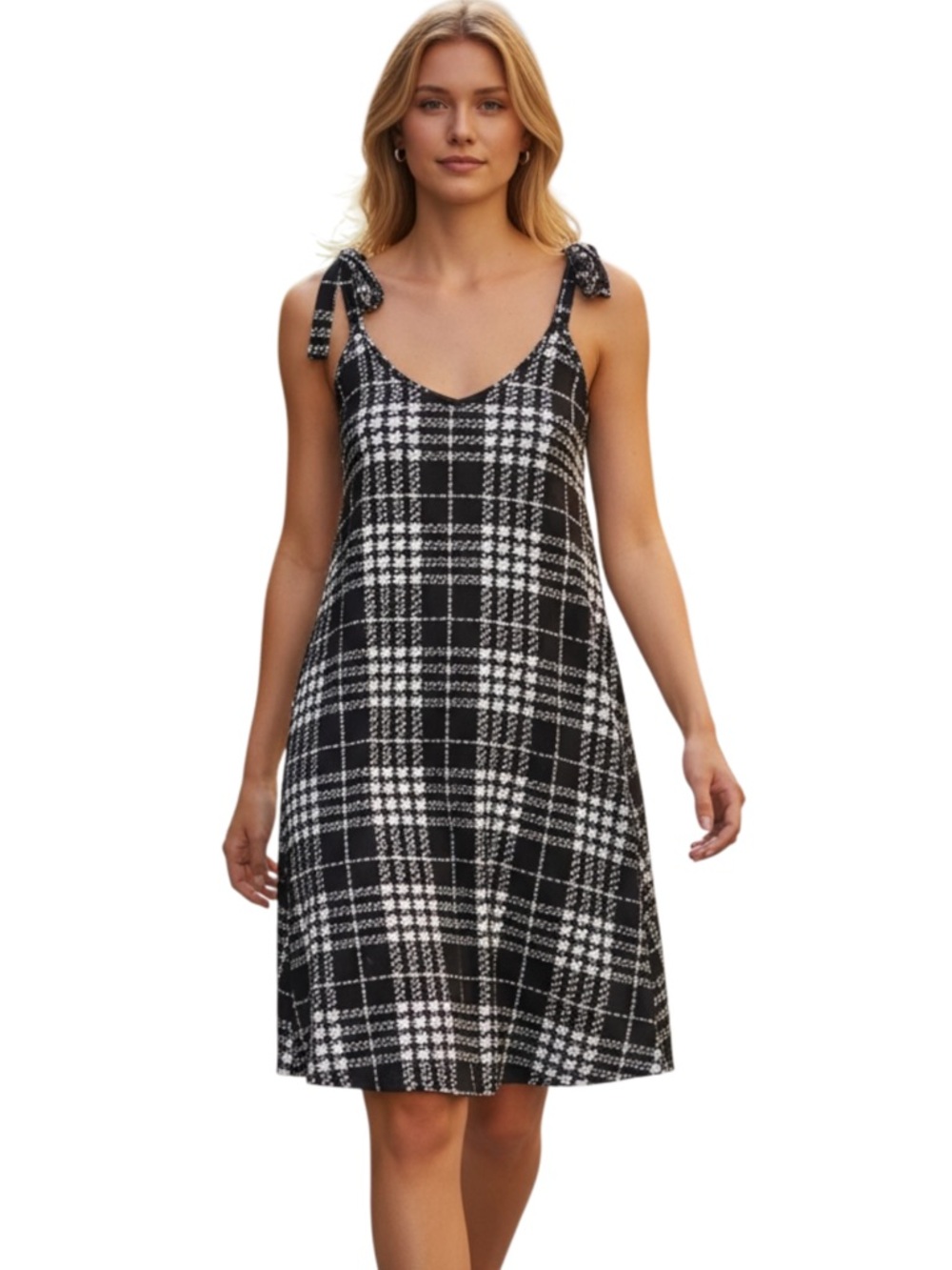 SHEIN Black and White Plaid Tie-Strap A-Line Dress